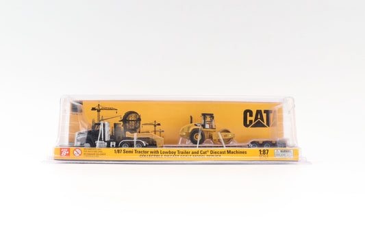 CAT® 1:87 Scale Model – Black Cat CT660 with Lowboy Trailer and CS56 Smooth Compactor